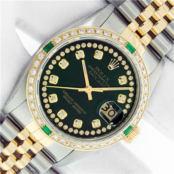 Rolex Men's Two Tone Green Diamond & Emerald Datejust Wristwatch