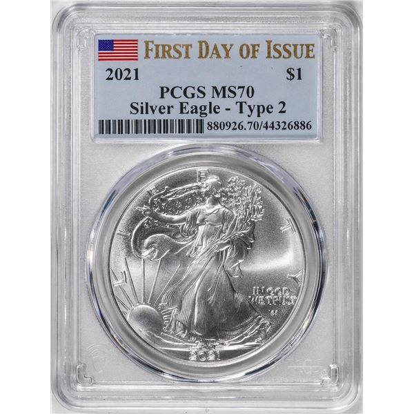 2021 Type 2 $1 American Silver Eagle Coin PCGS MS70 First Day of Issue