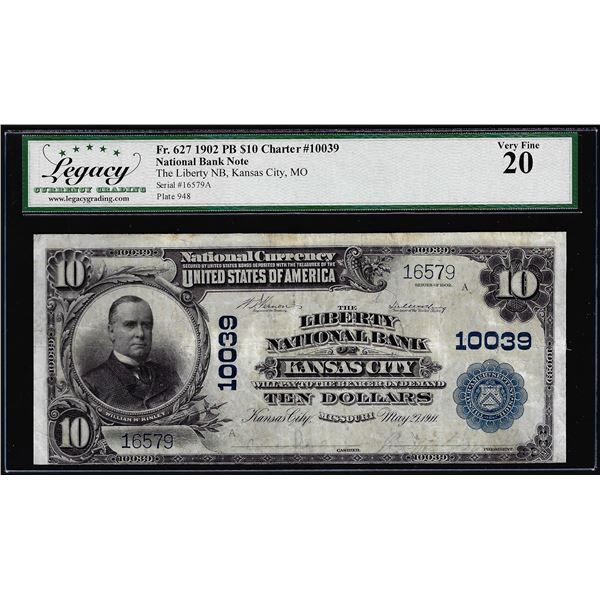 1902 $10 Liberty NB of Kansas City, MO CH# 10039 Fr.632 National Currency Note VF20