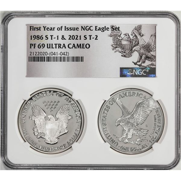 1986-S & 2021-S First Year of Issue $1 Proof Silver Eagle Coin Set NGC PF69 Ultra Cameo