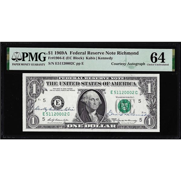1969A $1 Federal Reserve Note PMG Choice Uncirculated 64 Dual Courtesy Autograph