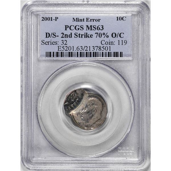2001-P Roosevelt Dime Coin Mint ERROR Doublestruck 2nd Strike 70% Off Center PCGS MS63