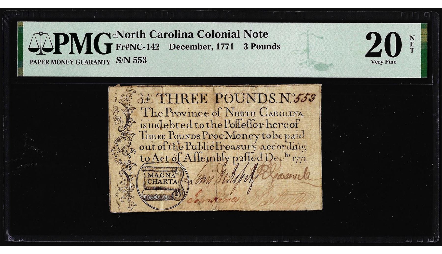 1771 North Carolina 3 Pounds Colonial Note NC-142 PMG Very Fine 20 Net ...
