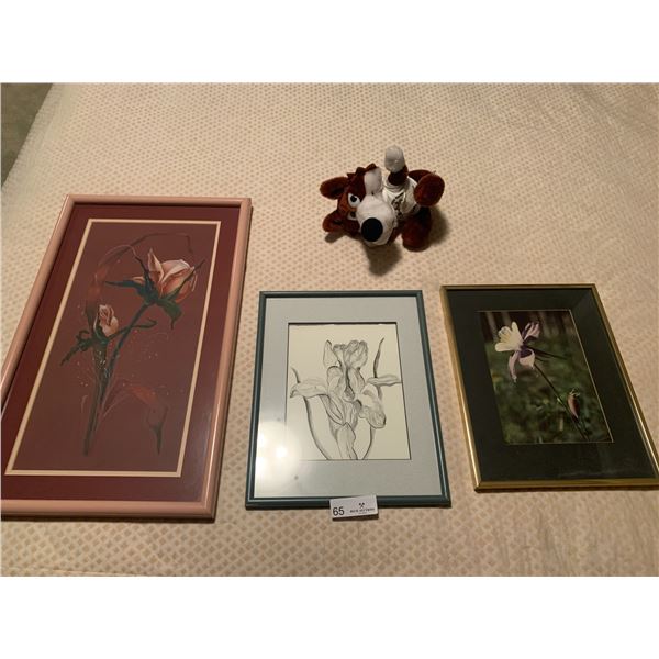 3 x Framed Floral Artworks (2 x Prints, 1 x Photograph) and Olympic Winter Games Stuffed Fox