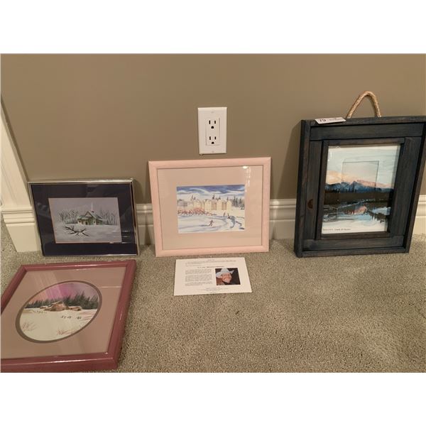 Jasper Watercolor by Randy Moe, Wintertime by DC Lund, and 2 x Winter Cottage Scenes by Leslie