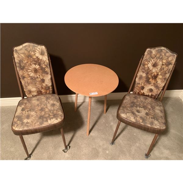 2 x Vintage Upholstered Chairs with Wooden Side Table