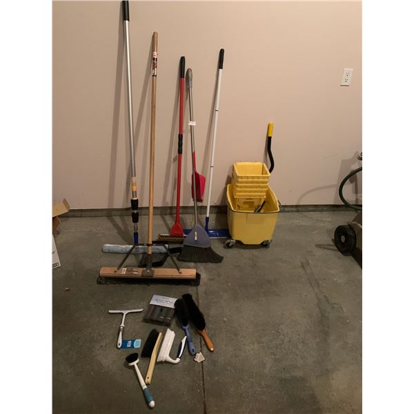 Mop Bucket, Brooms, Squeegees, and Other Assorted Cleaning Supplies