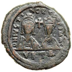 Byzantine Empire. Justin II and Sophia, 565-578. follis or 40 nummi (21.59g), Carthage, 572/3 (regna