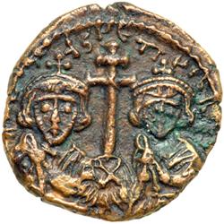Byzantine Empire. Justinian II and Tiberius, 705-711. follis or 40 nummi (3.5g), Constantinople, 3rd