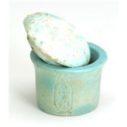 Egyptian green glaze faience Lidded Vessel of Nectanebo I. Late Period, XXX th Dynasty, 380-362 B.C.
