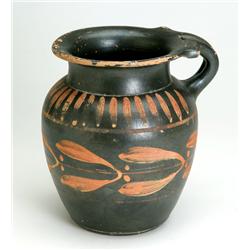 South Italian single-handled painted pottery vessel, circa 4th century B.C.