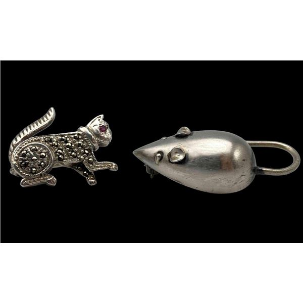 Sterling Silver Cat And Mouse Pins