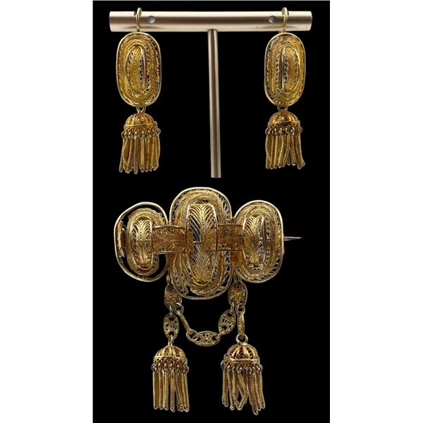 Antique Vermeil Filigree Brooch And Earring Set