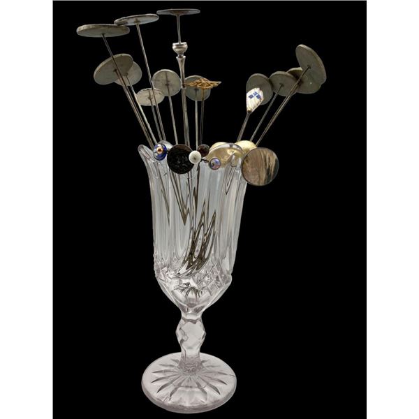 24 Hat Pins Including 10K And Sterling Silver In Early American Pressed Glass Celery Vase