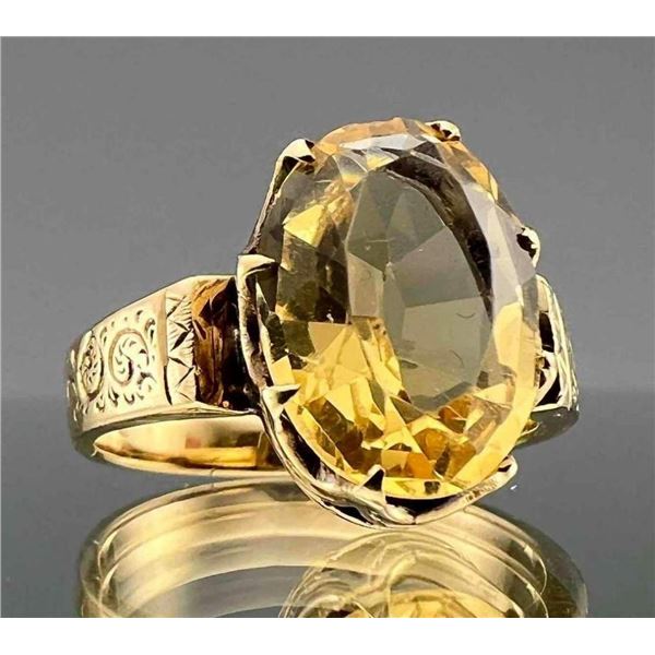 14K Gold Citrine Ring With Engraved Detail On Band
