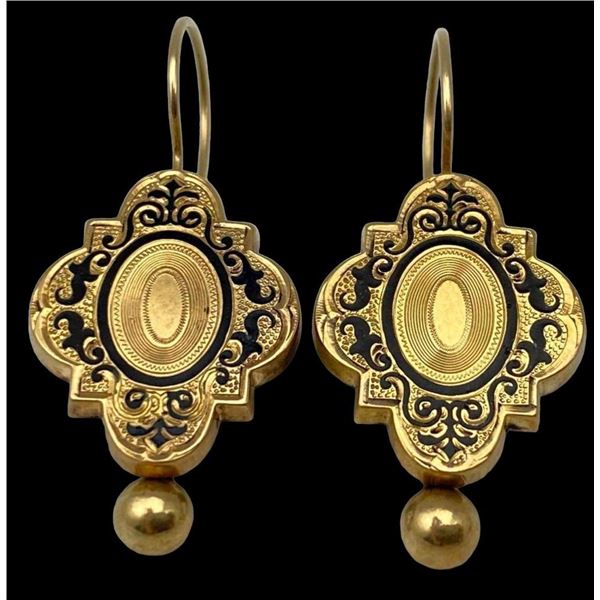 Antique 14K Drop Earrings With Black Enamel Detail