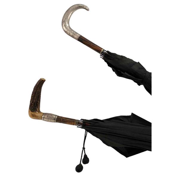 2 Antique Umbrellas With Sterling Silver And Horn Handles