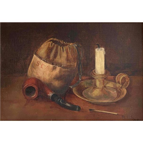 Still Life of Pipe and Smoking Items, Antique American School, Oil on Canvas