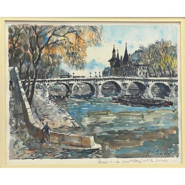 Pierre Eugene Cambier, Paris River Bridge, Watercolor on Paper