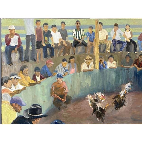 Mexican Expressionist Cockfighting Scene, Oil on Canvas