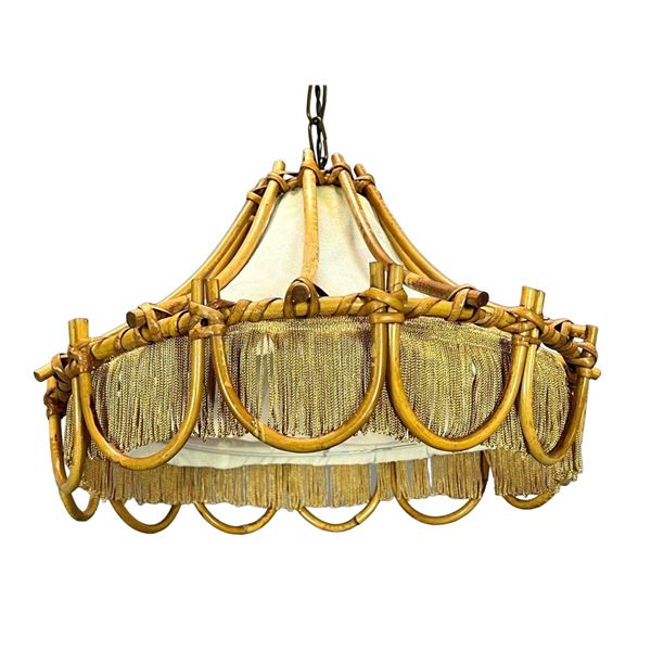 Mid Century French Rattan Chandelier Hanging Lamp