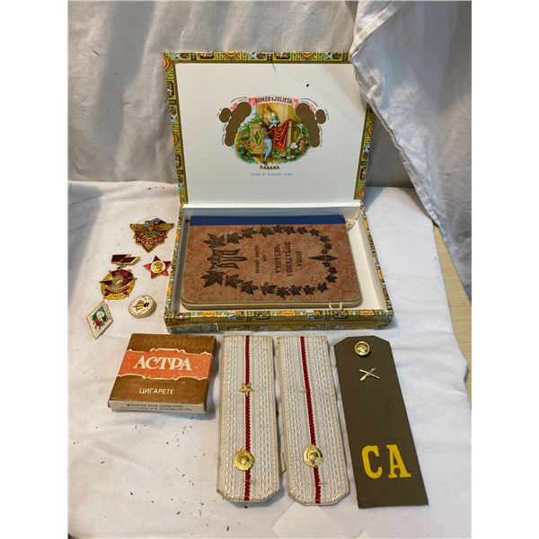 Cigar box and military and other items