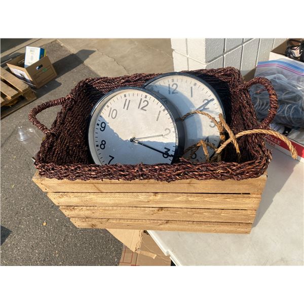 Wood crate, basket and clocks