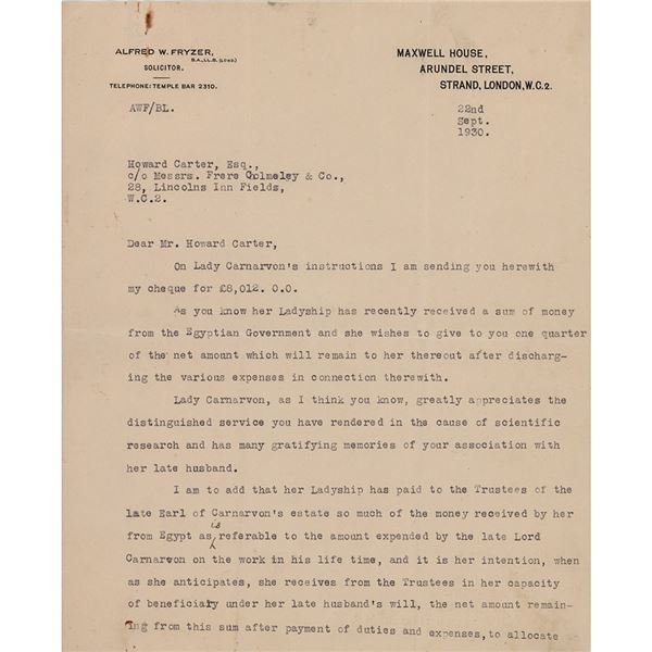 Howard Carter: Letter from Solicitor on Carnarvon's Payment