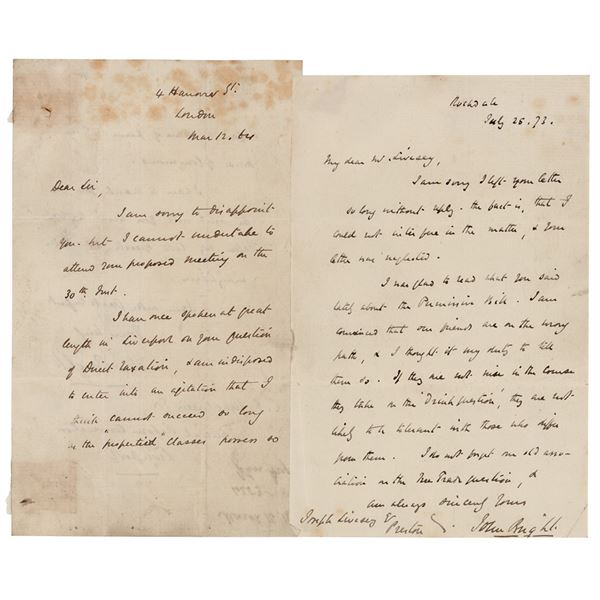 John Bright (2) Autograph Letters Signed