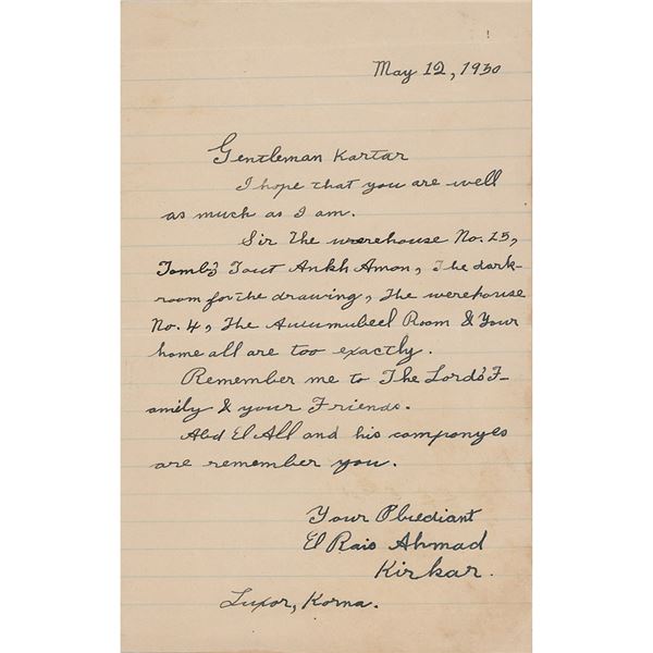 Howard Carter: Letter from Ahmad Kirkar