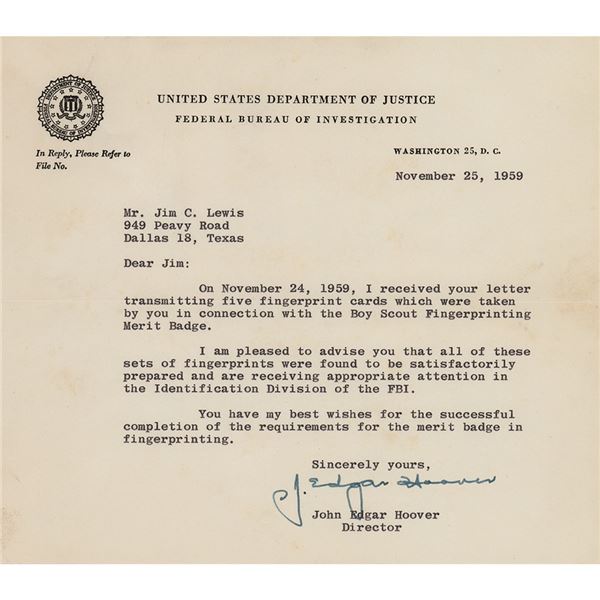 J. Edgar Hoover Typed Letter Signed