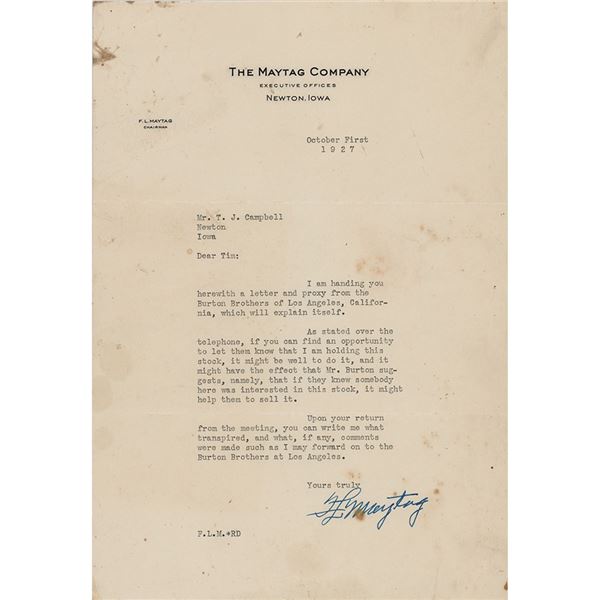 F. L. Maytag Typed Letter Signed