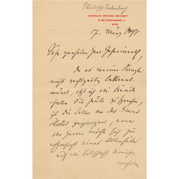 Philipp, Prince of Eulenburg Autograph Letter Signed