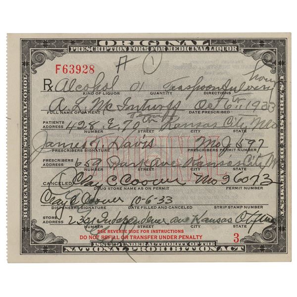 Prohibition: 1933 Alcohol Prescription