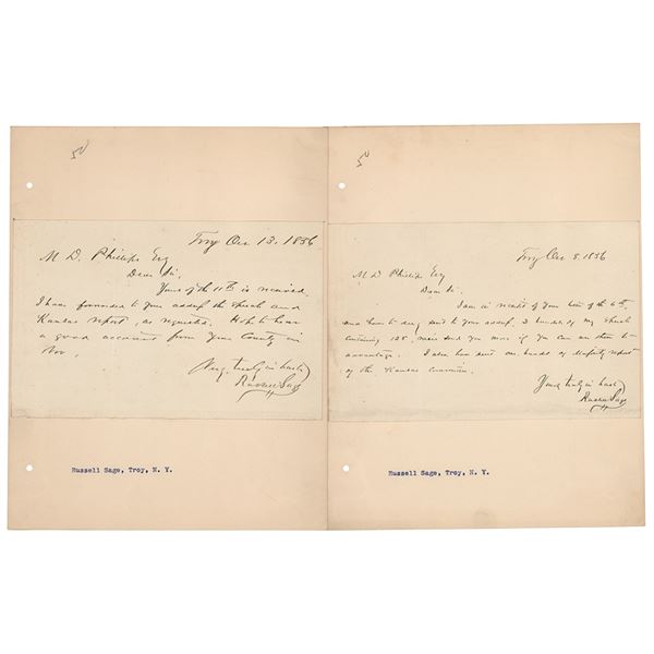 Russell Sage (2) Autograph Letters Signed