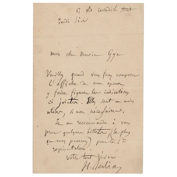 Hector Berlioz Autograph Letter Signed