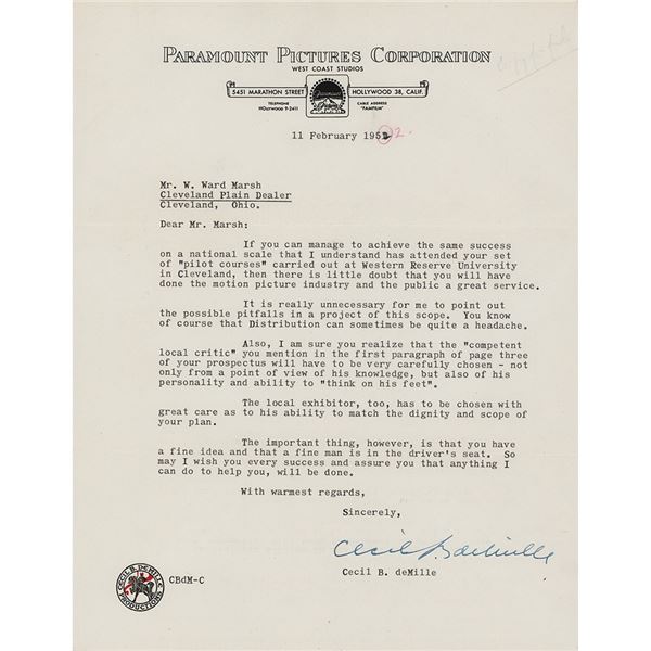 Cecil B. DeMille Typed Letter Signed