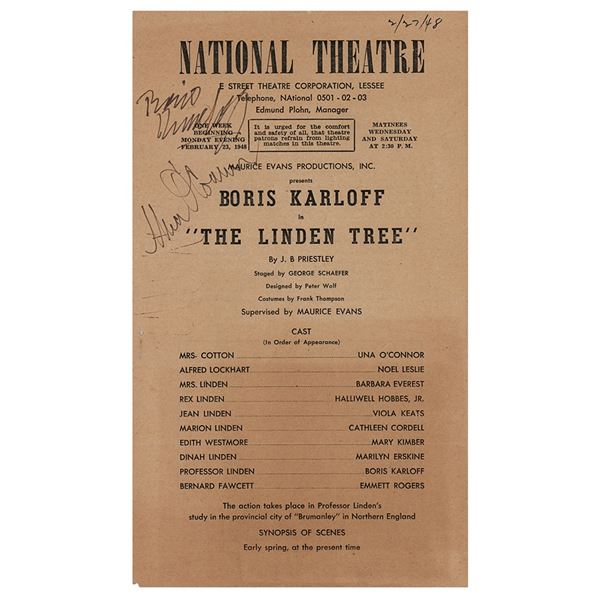 Boris Karloff and Una O'Connor Signed Program Page