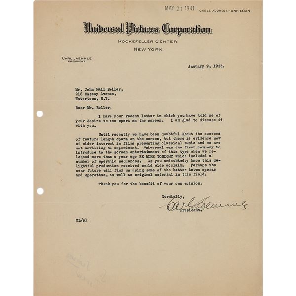 Carl Laemmle Typed Letter Signed