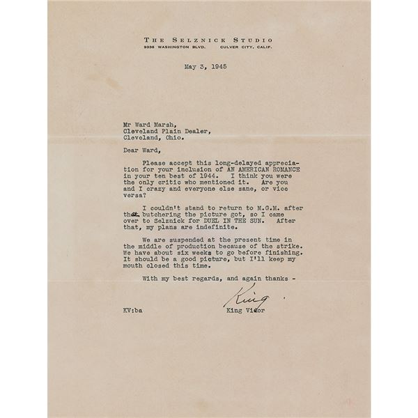 King Vidor Typed Letter Signed