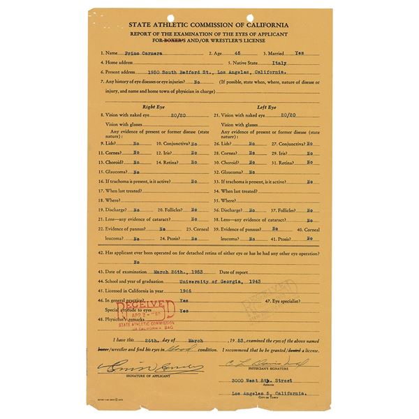 Primo Carnera Document Signed