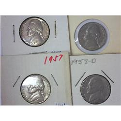 1957, 1958-D, 1959 And 1964-D Jeffy Nickels (UNC)