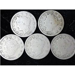 5 Assorted Liberty "V" Nickels