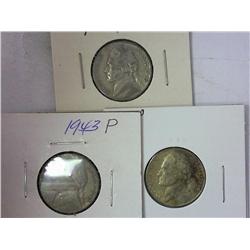 1943-P, 1944-P And 1945-S Jeffy Nickels 35% Silver