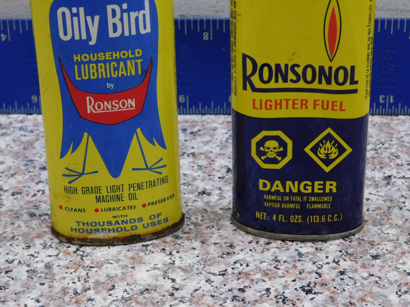 Lot of 2 Vintage Oily Bird Ronson Ronsonol Lighter Fluid Fuel