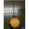 Image 1 : Mid Century Swag Chain Lamp Glass Orb Spaghetti Ribbon White and Brass