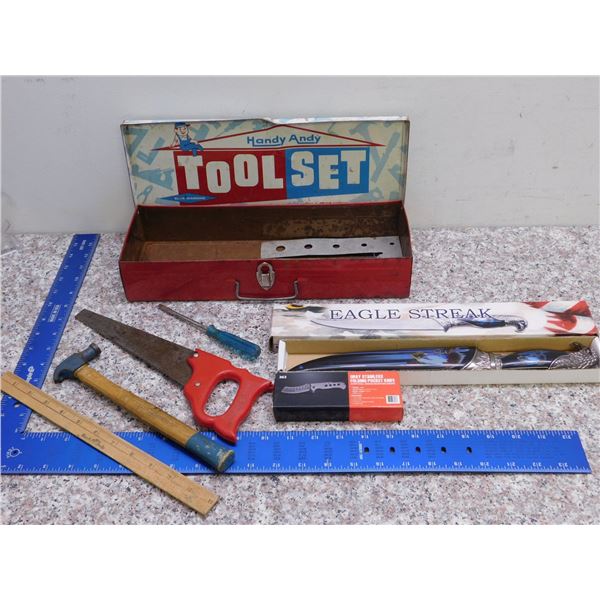 Handy Andy Tool Set Kids Size Eagle Strike Decorated Knife and Stainless Steel Folding Pocket Knife