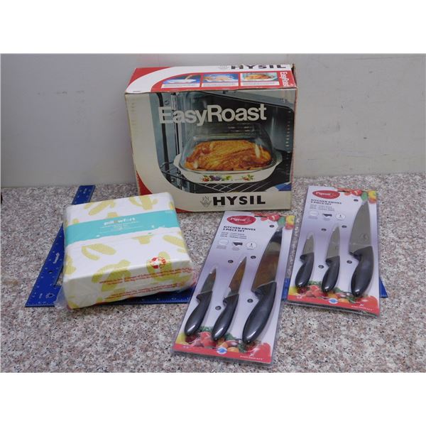 Lot of 4 Household Goods Chicken EasyRoast Baking Dish Roaster Knife Sets and Microfibre Sheets