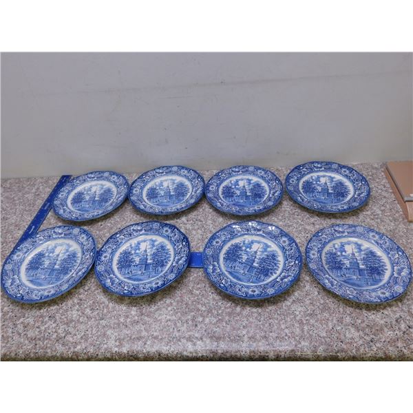 Lot of 8 Liberty Blue Independence Hall Iron Stone Made In England Dinner Plates