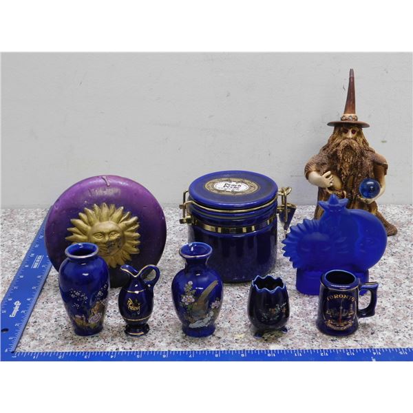 Lot of 9 Blue Glass Cobalt Pottery Candles and Holders Dark Blue Resin Wizard Statue